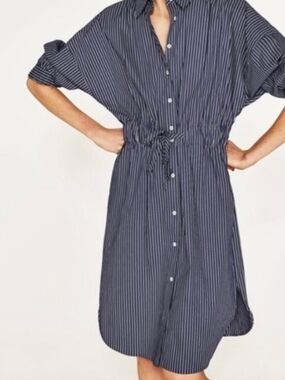 Zara Navy Pinstripe Midi Shirt Dress, Sz M